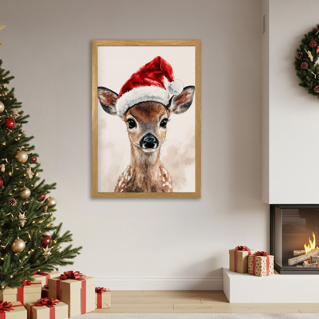 Framed Poster featuring a watercolor deer in a Santa hat. Festive holiday art with warm, neutral tones. Perfect Christmas decor!