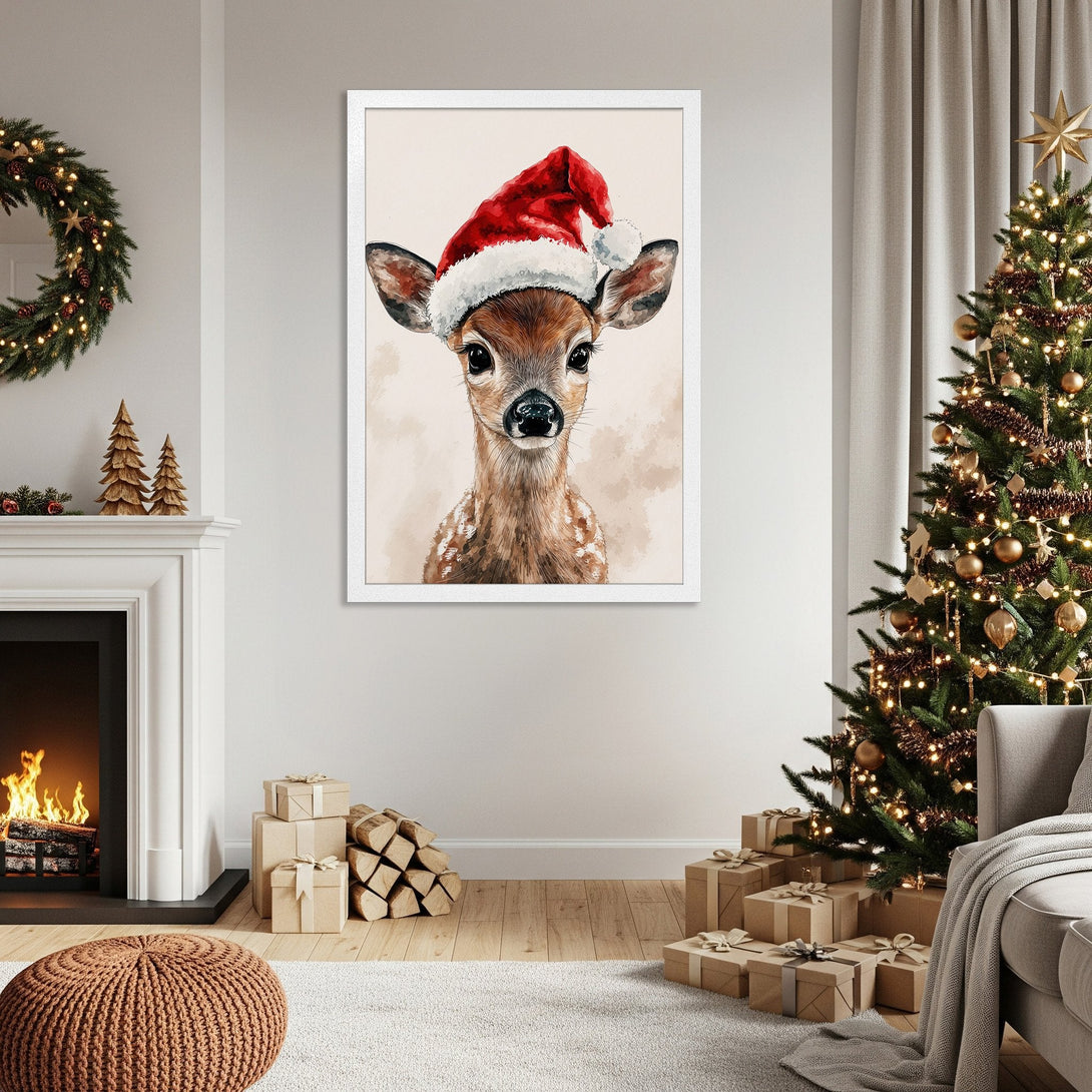 Framed Poster featuring a cute deer in a Santa hat. Watercolor style with warm brown and red tones, perfect Christmas decor.