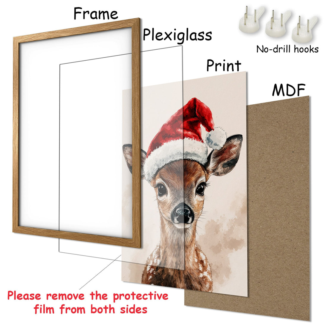 Framed Poster featuring a watercolor deer in a Santa hat. Soft color palette, perfect for holiday decor. Order your poster today!