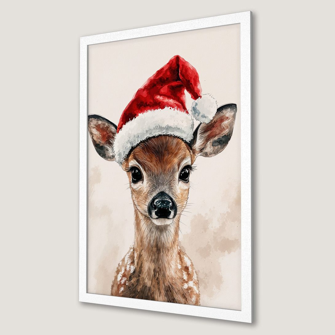 Framed Poster: Watercolor deer wearing Santa hat. Warm neutral tones with pops of red. Perfect Christmas decor!
