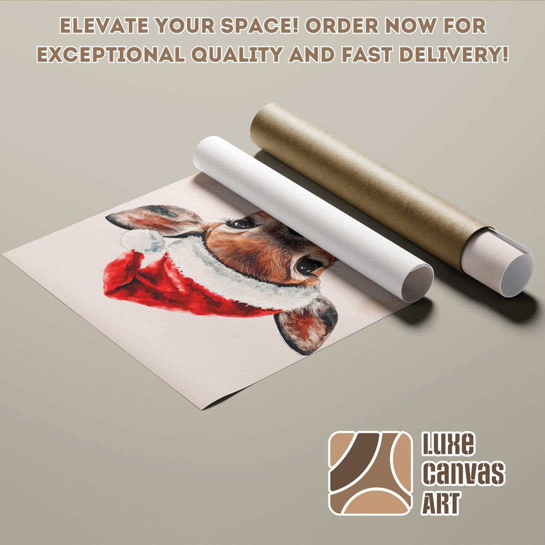 Watercolor Poster Roll of a cute calf wearing a Santa hat, warm color palette. Elevate your decor!