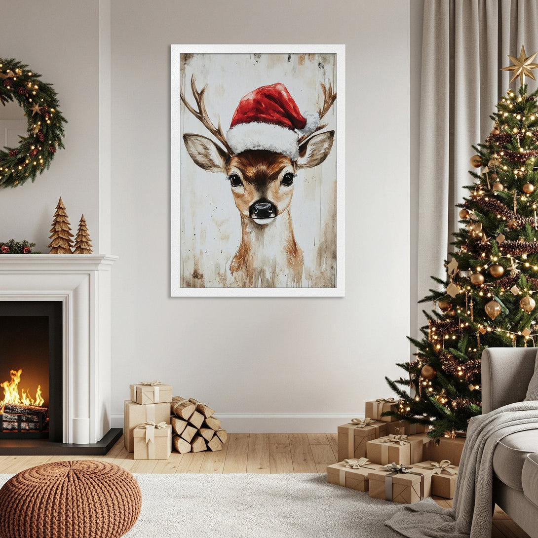 Framed Poster featuring a watercolor-style deer wearing a Santa hat, perfect for Christmas decor. Warm, neutral color palette.