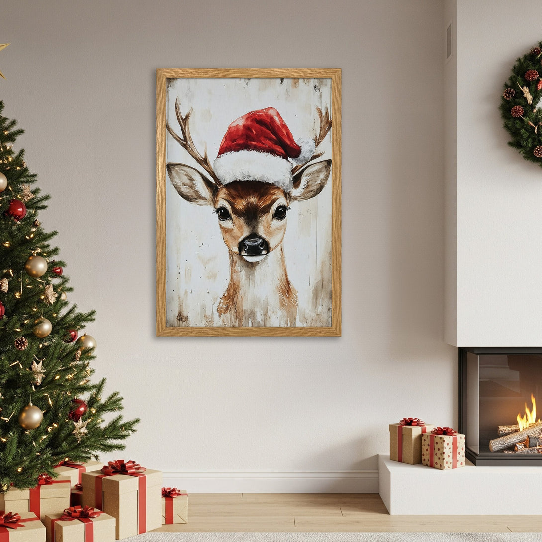 Framed Poster of a deer in a Santa hat. Watercolor style, warm brown and red color palette. Perfect Christmas wall art!