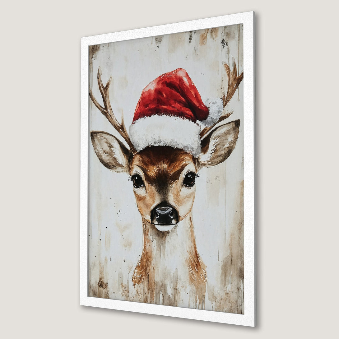 Framed Poster of a watercolor deer wearing a Santa hat. Rustic style with a warm, neutral color palette. Perfect Christmas decor!