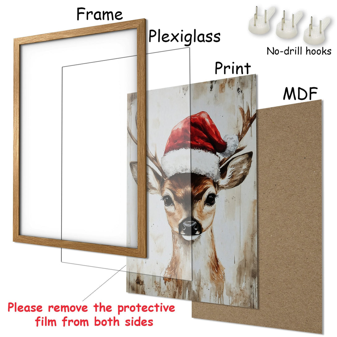 Framed Poster of a deer wearing a Santa hat. Watercolor style, warm brown & red tones. Perfect holiday decor.