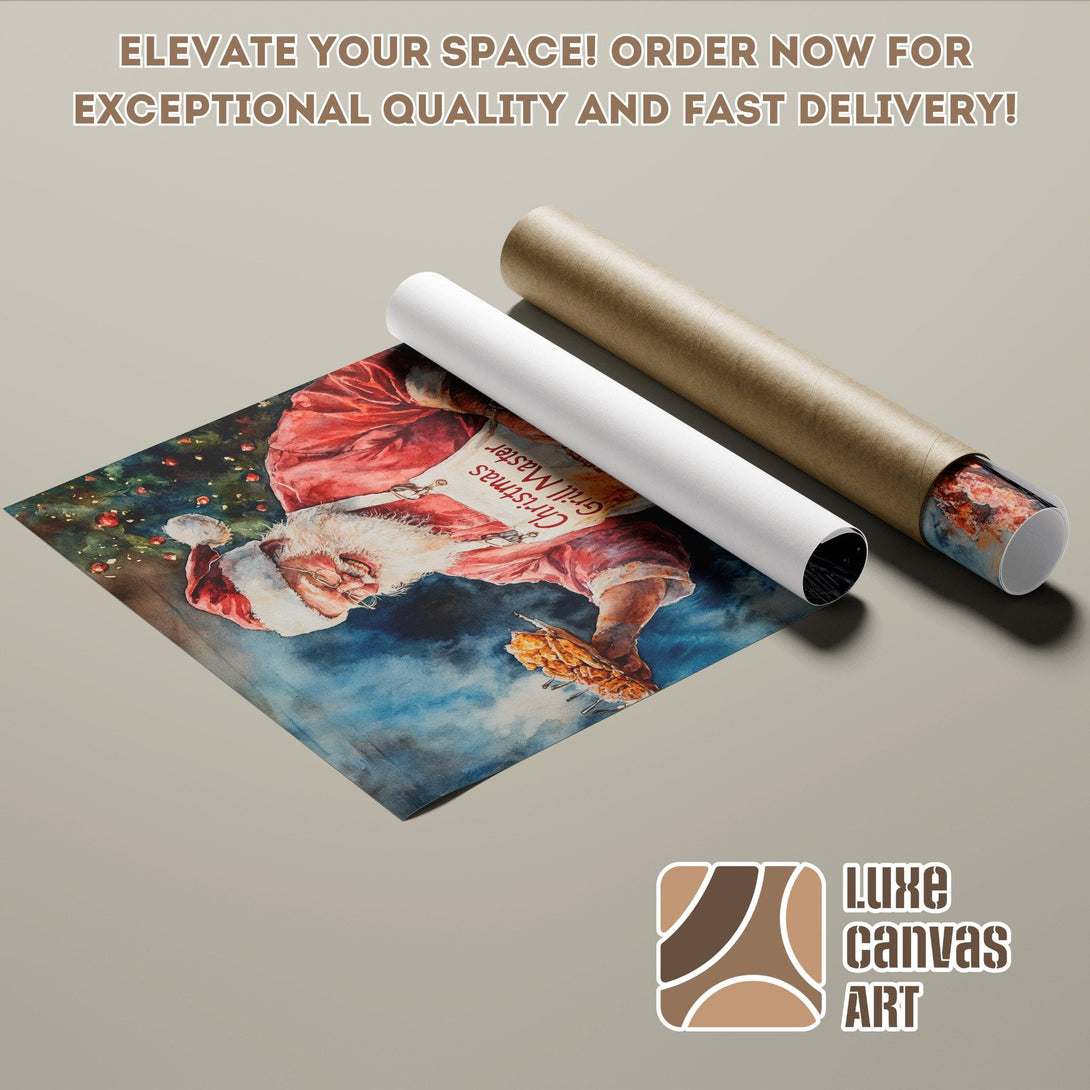 Santa Claus Poster Roll in watercolor style, featuring red, blue, and brown hues. Perfect Christmas decor!