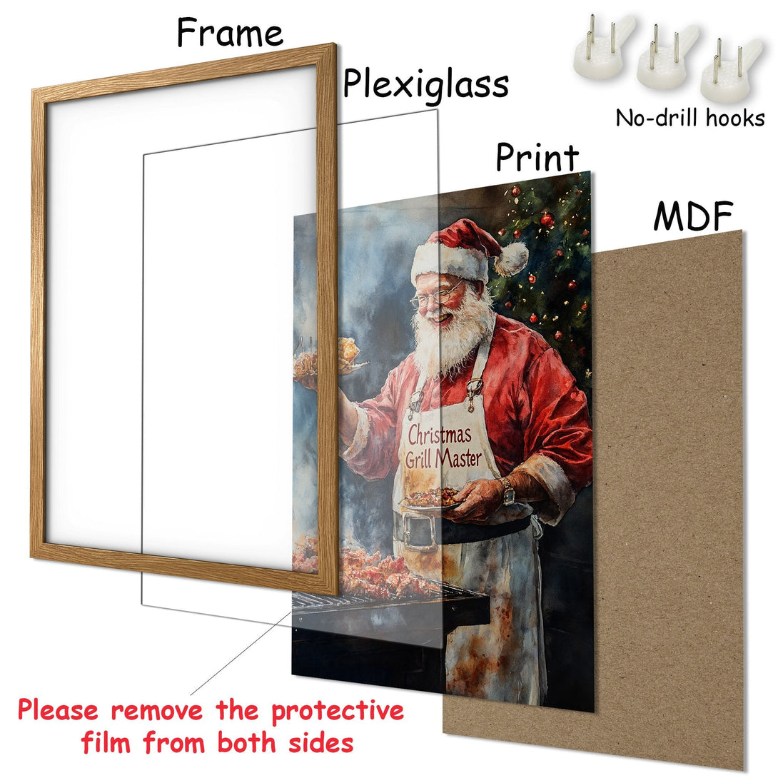 Framed Poster featuring Santa as a "Christmas Grill Master" in watercolor style, warm red and brown tones. Perfect holiday decor!