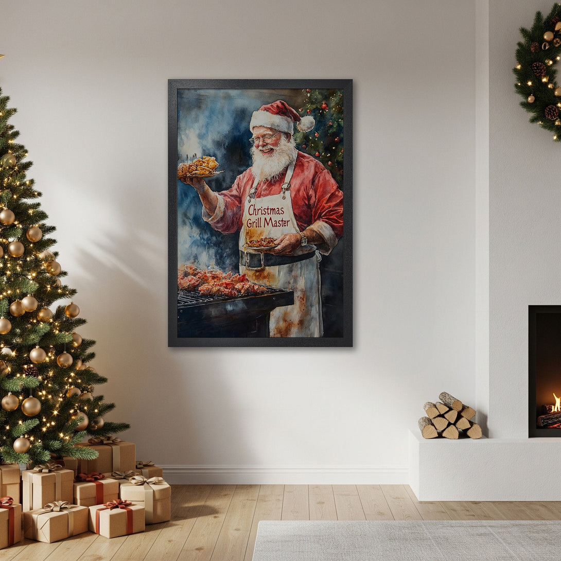 Framed Poster featuring Santa grilling, watercolor style, red & blue palette. Perfect Christmas decor!