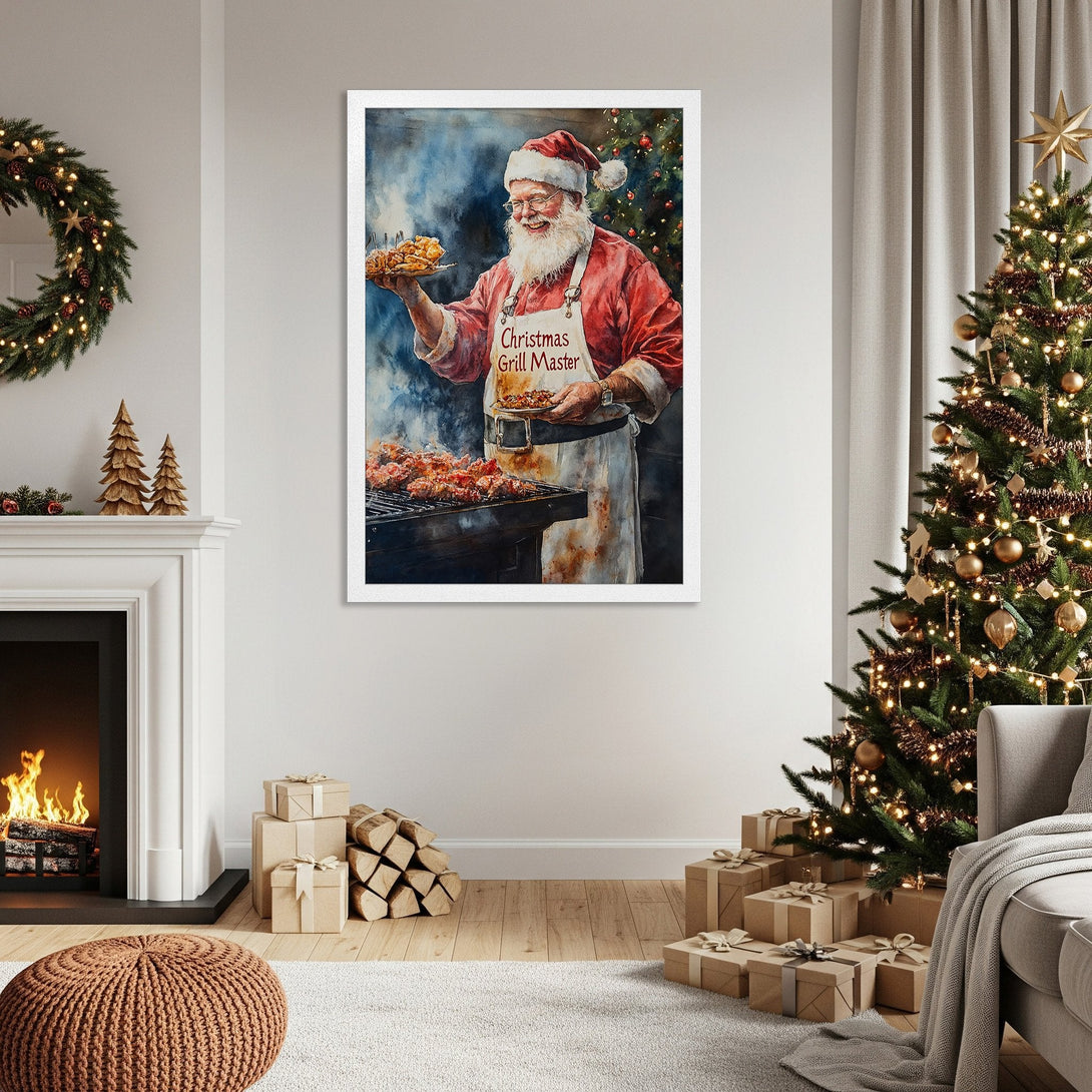 Framed Poster of Santa grilling. Watercolor style, warm red and blue palette, perfect Christmas decor.