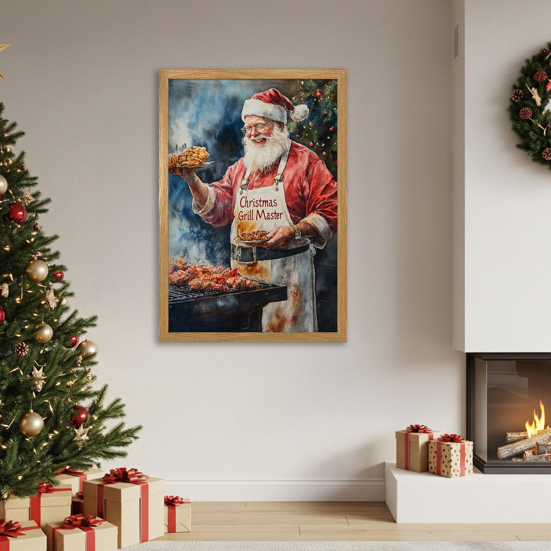 Framed Poster of Santa grilling, watercolor style, red & blue palette, perfect Christmas decor.