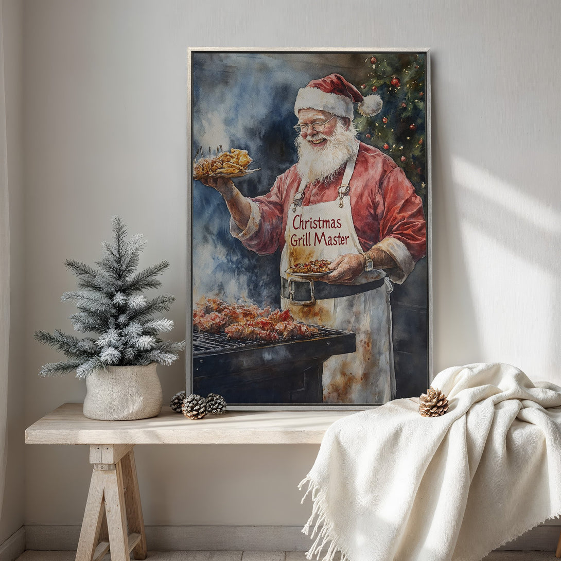 Framed Wall Art: Watercolor Santa grilling, warm red & blue tones. Festive holiday decor for your home. Perfect Christmas gift idea!