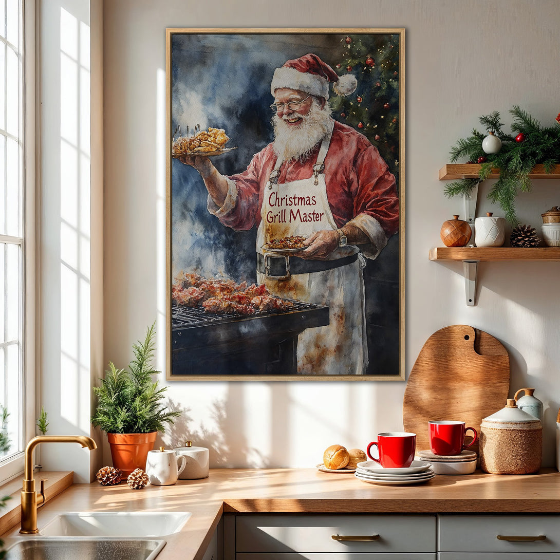 Framed Wall Art: Watercolor painting of Santa grilling. Festive red and white palette. Perfect Christmas kitchen decor. Shop now!