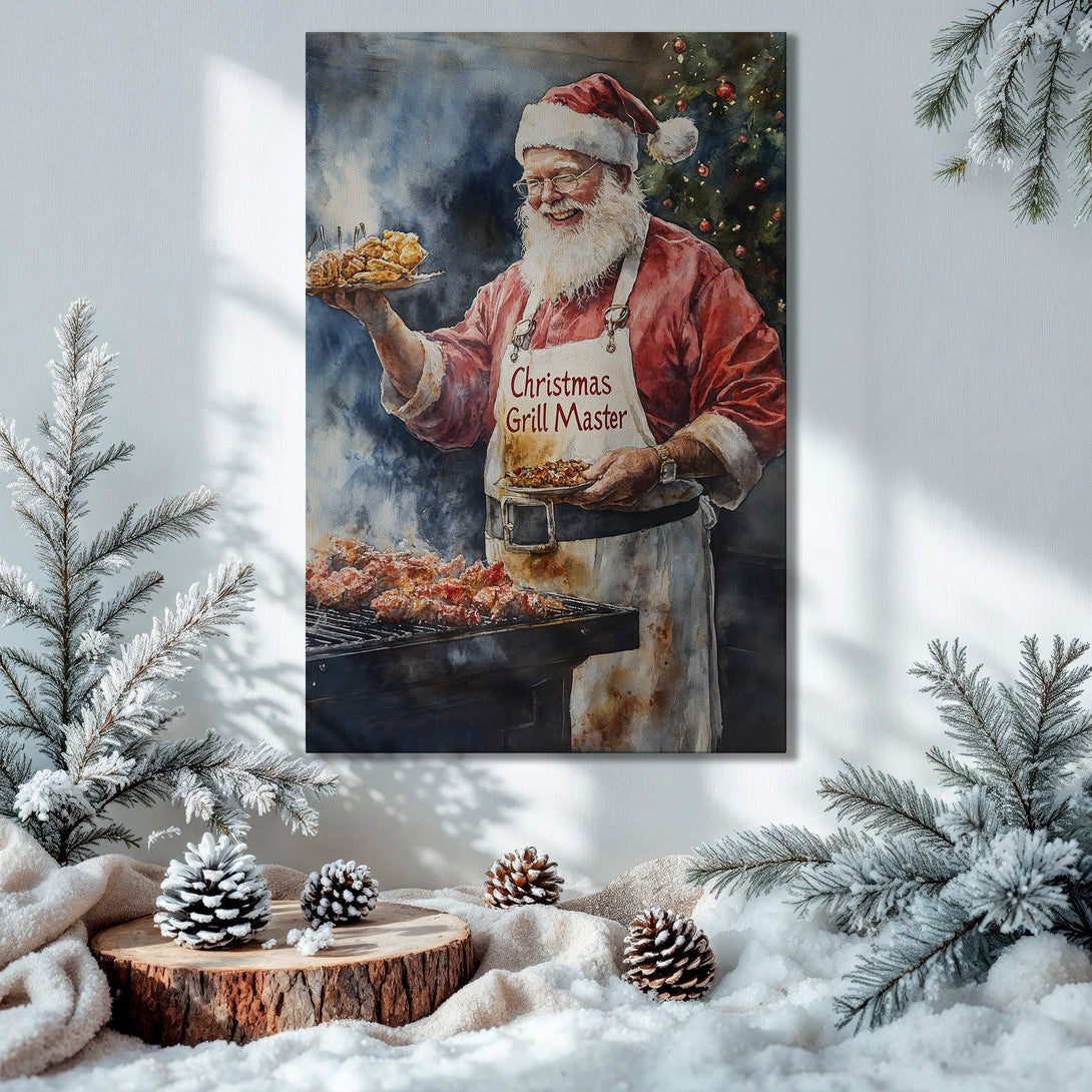 Framed Wall Art: Santa grilling! Watercolor style canvas print with warm red and gold hues, perfect for Christmas decor. Festive and fun!