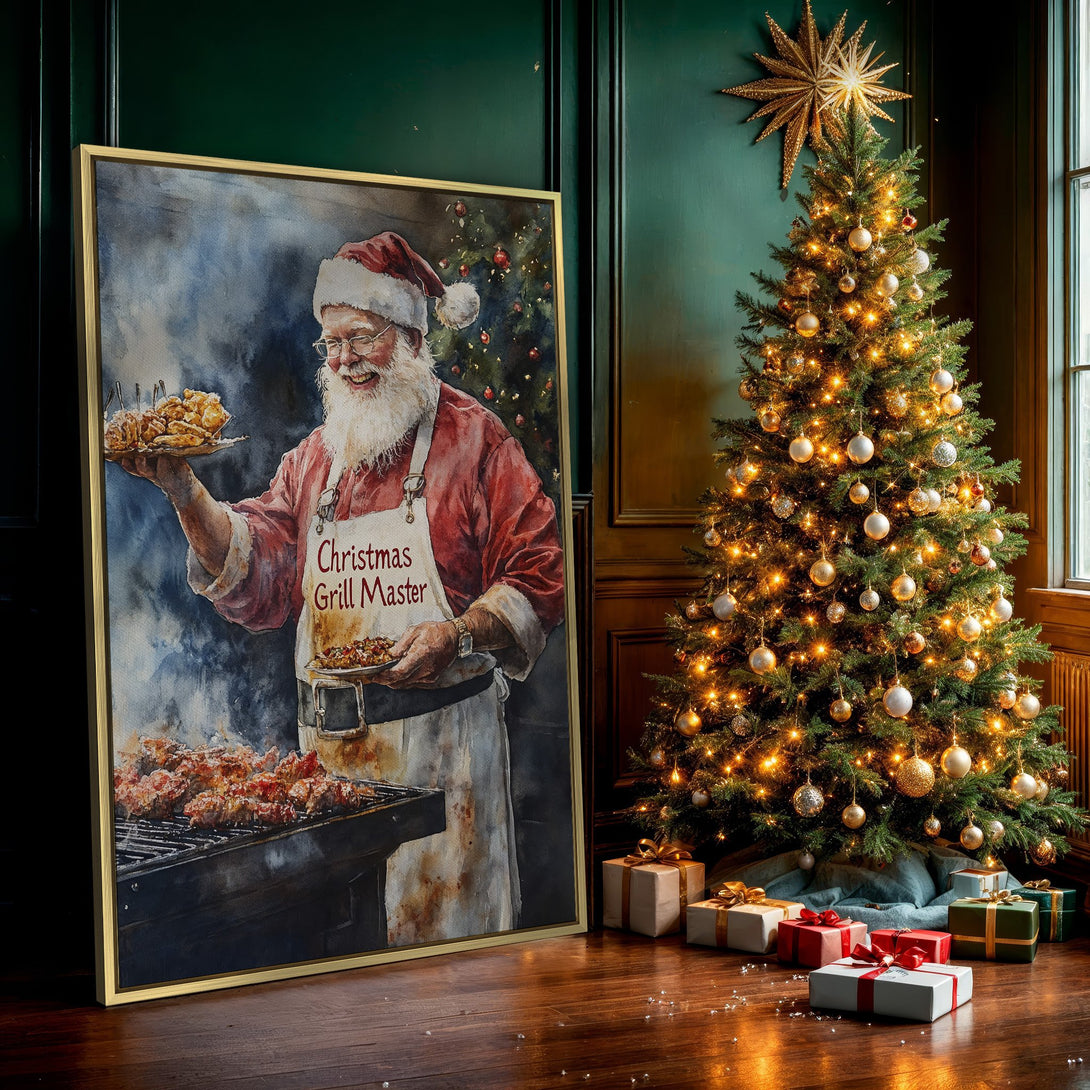 Canvas Print featuring Santa grilling, watercolor style, warm red and brown palette, perfect Christmas decor.