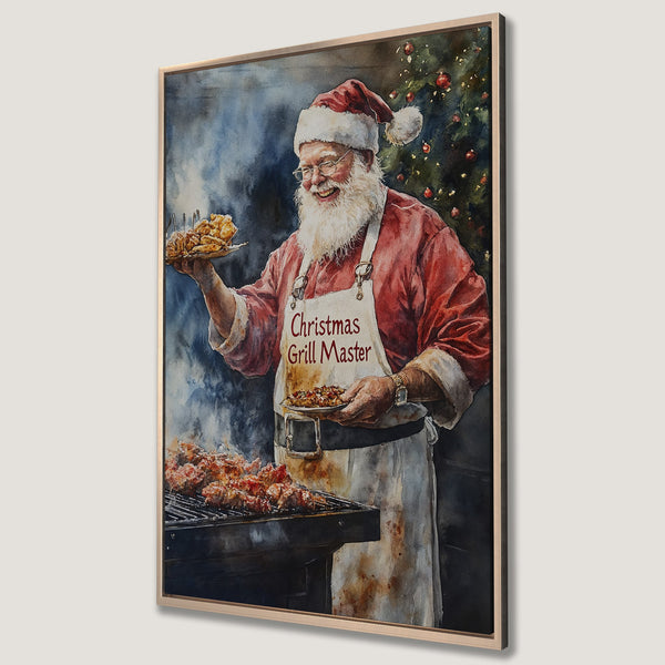 Framed Wall Art: Watercolor Santa grilling, festive Christmas decor. Red, white, and black color palette. Perfect for holiday gifts!