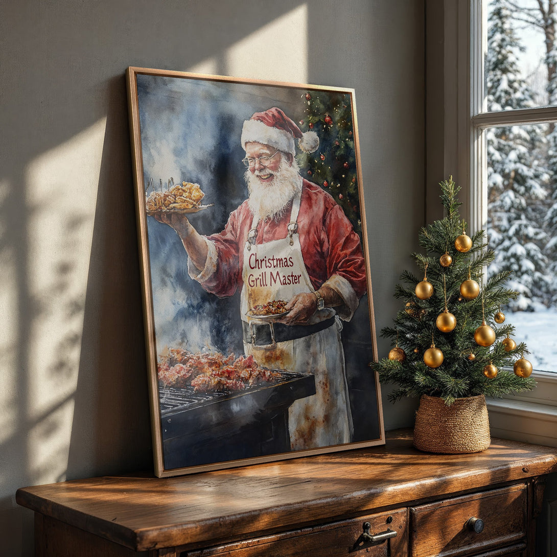 Framed Wall Art: Santa grilling, watercolor style, warm red & brown palette. Festive holiday decor for your home.