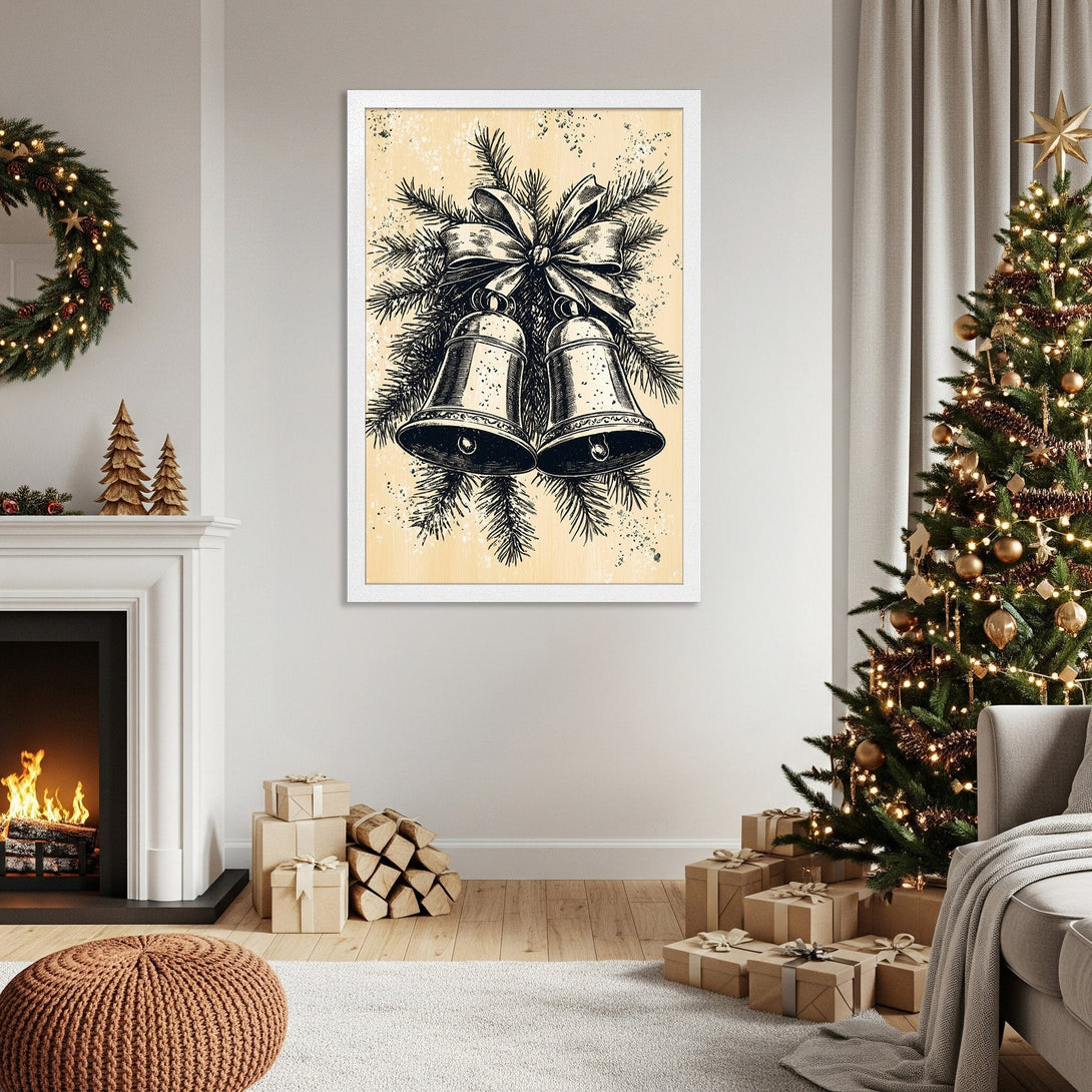 Framed Poster featuring a vintage Christmas bells illustration. Black and white sketch on a warm, neutral background. Perfect holiday decor.