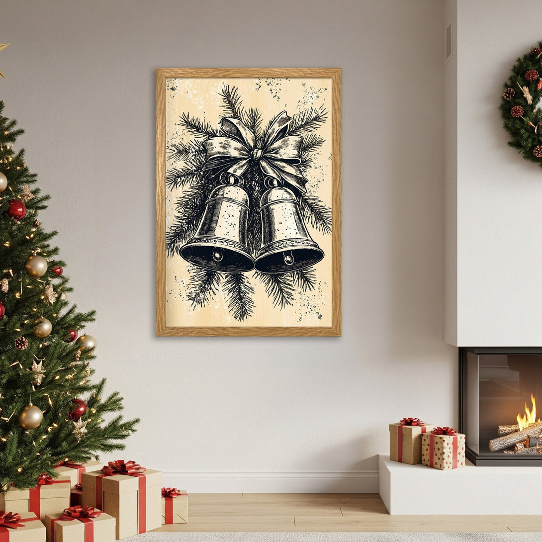 Framed Poster featuring Christmas bells illustration. Vintage style, black and beige color palette. Perfect holiday decor!
