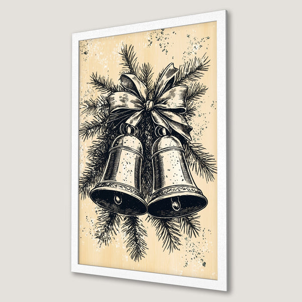 Framed Poster featuring Christmas bells, bow, and pine branches. Vintage style art with a neutral color palette. Perfect holiday decor!