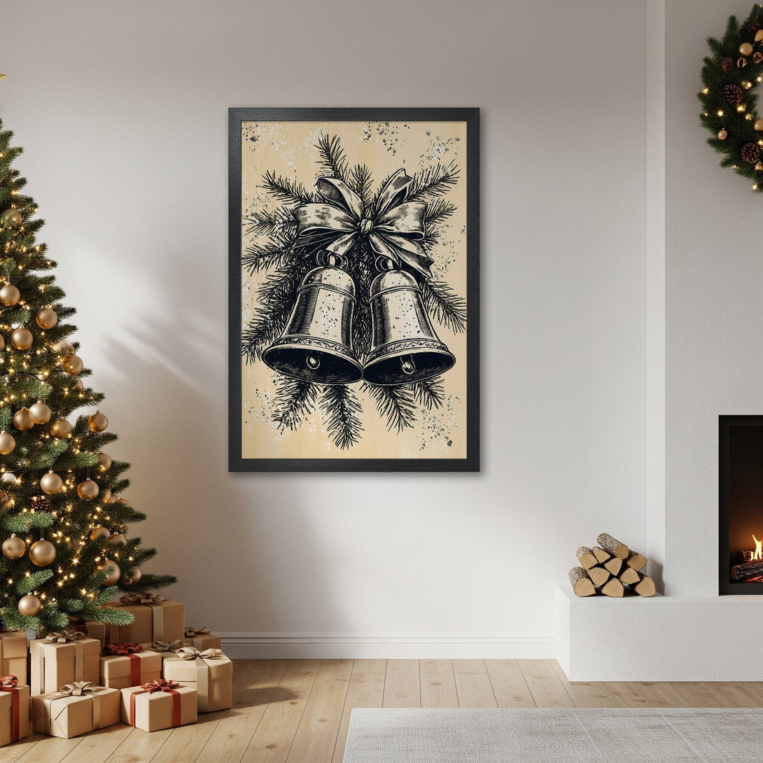 Framed Poster featuring Christmas bells illustration in black and beige, perfect holiday decor.