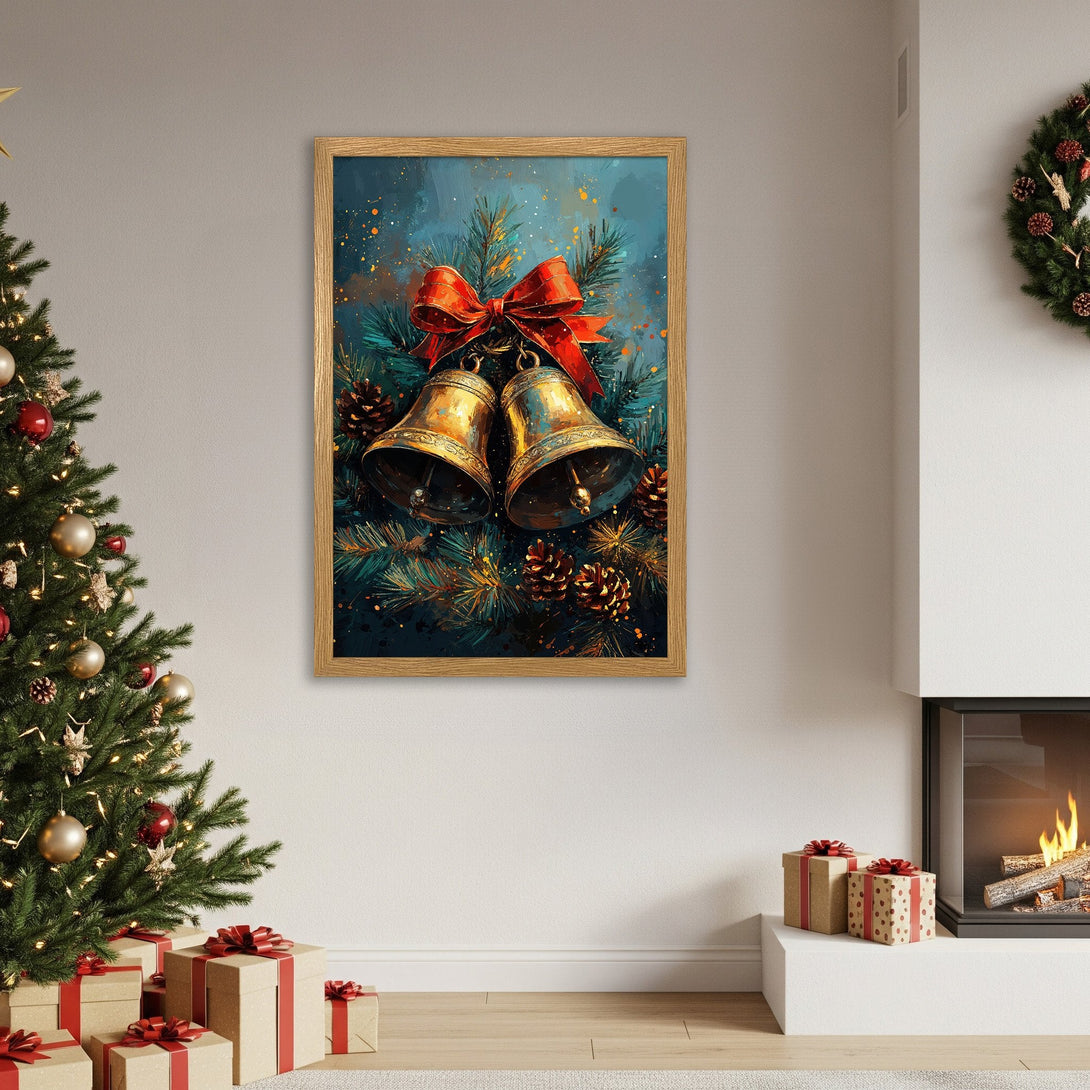 Framed Poster featuring Christmas bells, artistic style, teal & gold color palette. Perfect holiday decor!