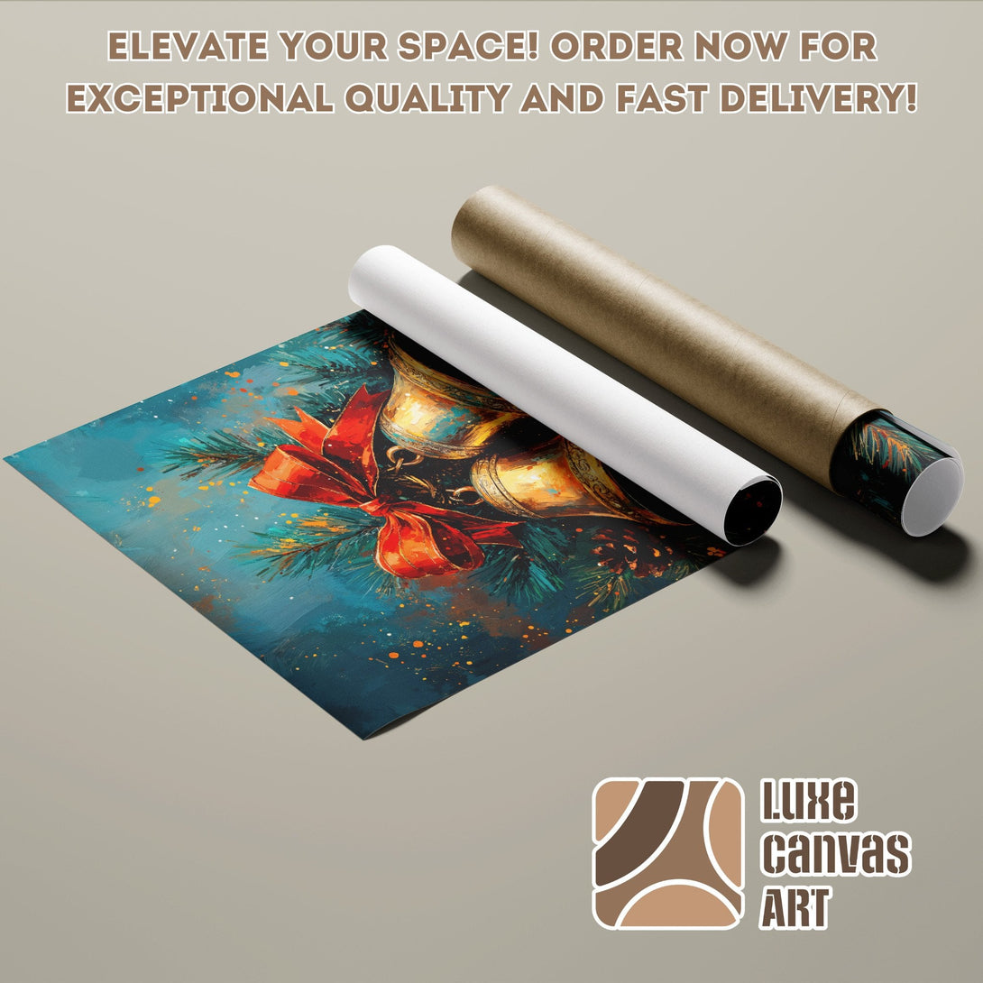 Poster Roll featuring Christmas bells in an artistic style with a teal and red color palette. Elevate your space!