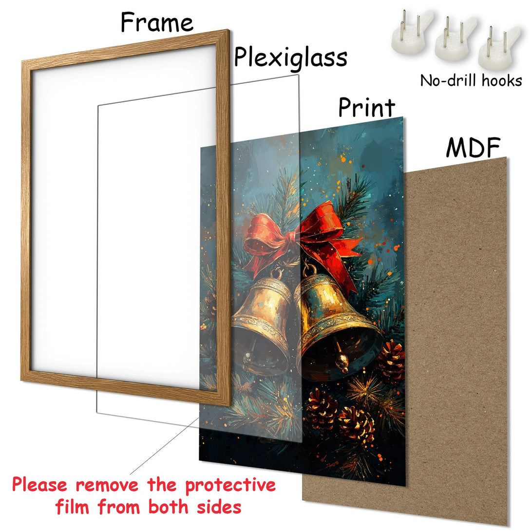 Framed Poster featuring Christmas bells in a painterly style with teal, gold, and red tones. Perfect holiday decor!