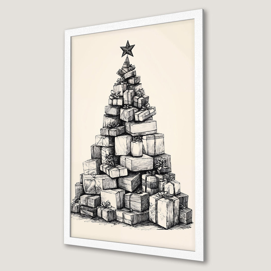 Framed Poster featuring a Christmas tree made of gifts, in a sketch style with a neutral color palette. Perfect holiday decor.