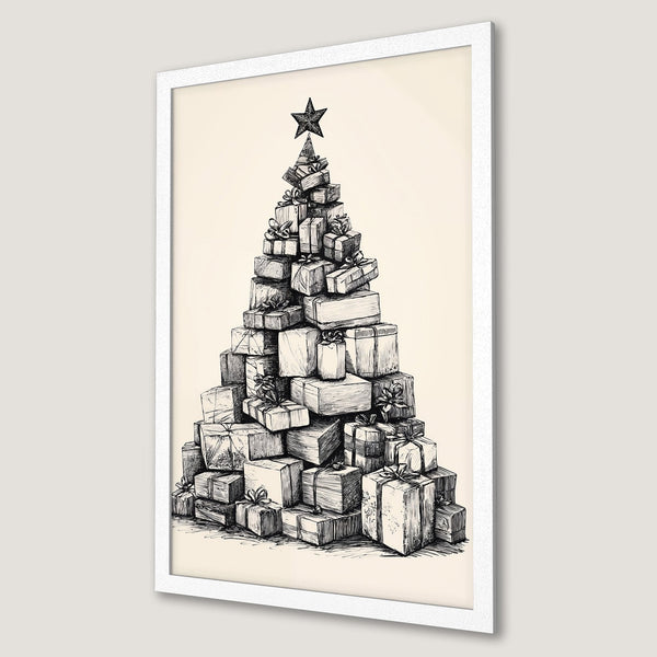 Framed Poster featuring a Christmas tree made of gifts, in a sketch style with a neutral color palette. Perfect holiday decor.