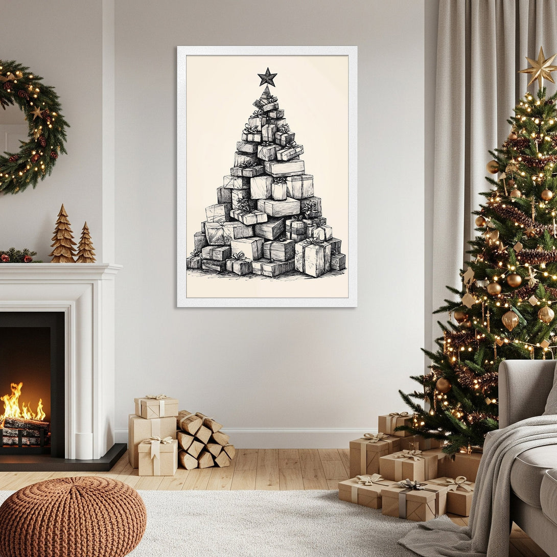 Framed Poster of a Christmas tree made of gifts, in a sketch style, with a neutral color palette. Perfect holiday decor!