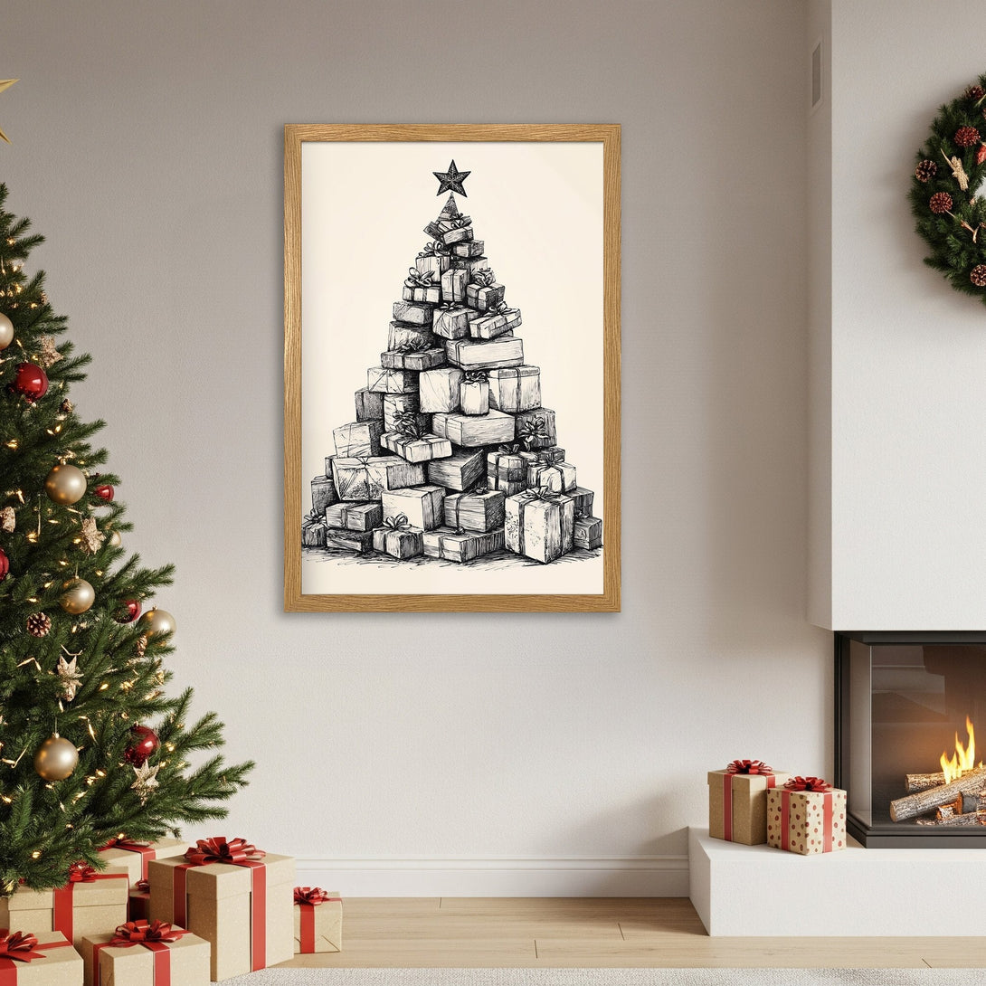Framed Poster featuring a Christmas tree made of gifts, sketch style, neutral color palette, perfect holiday decor.