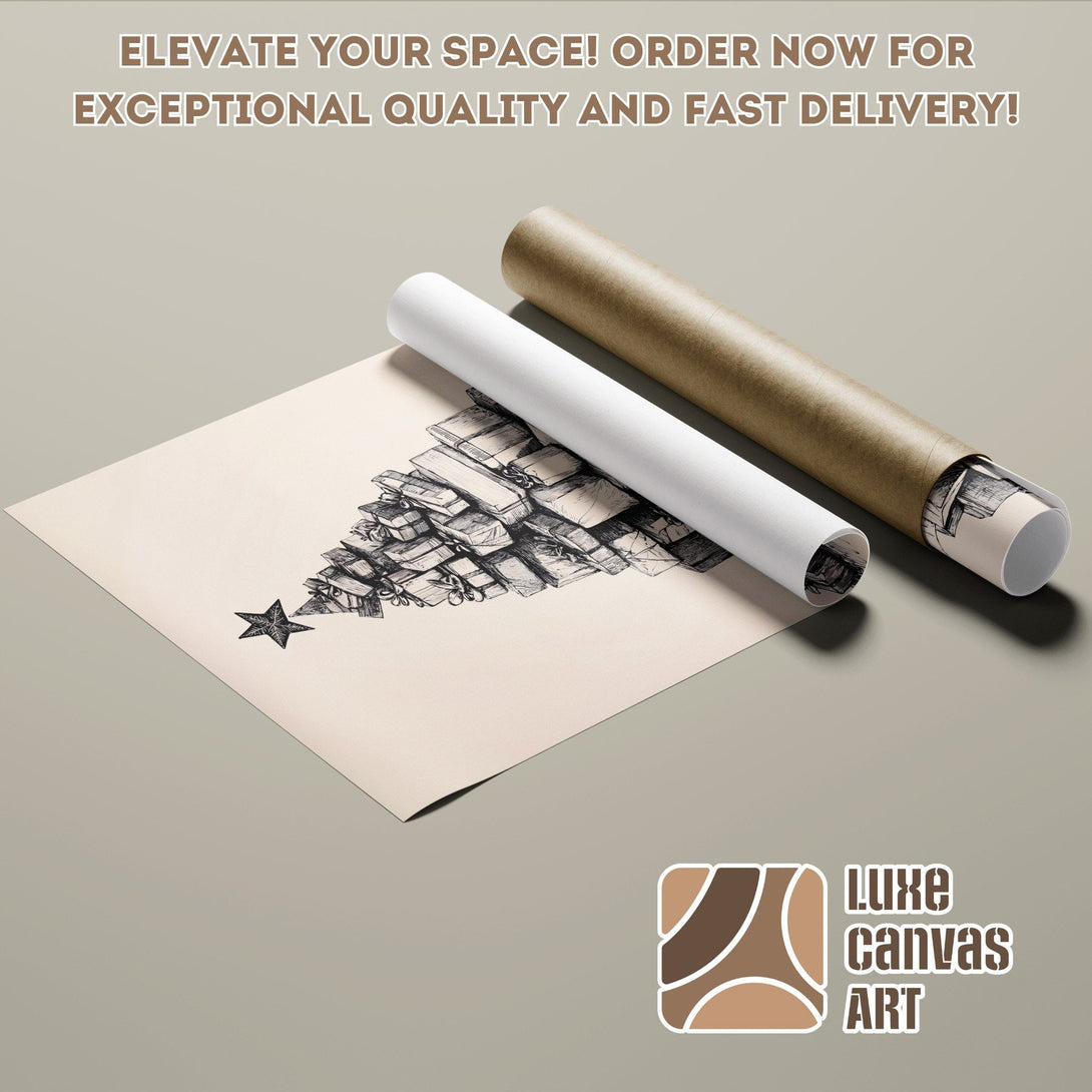 Poster Roll featuring a hand-drawn Christmas tree, neutral color palette, and minimalist style. Perfect wall art!