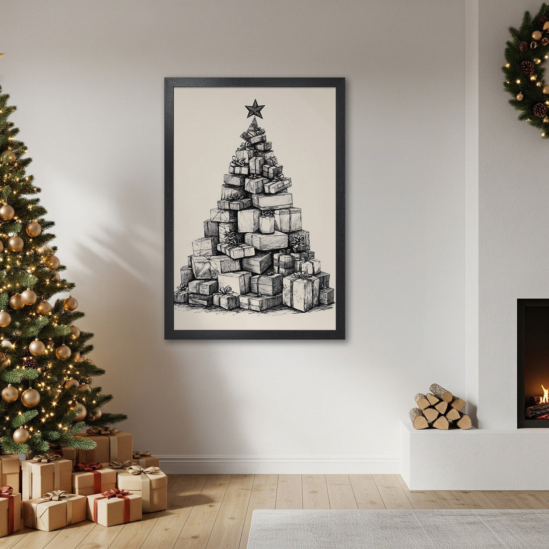 Framed Poster of a Christmas tree made of gifts, black and white sketch style, neutral color palette, perfect holiday decor.
