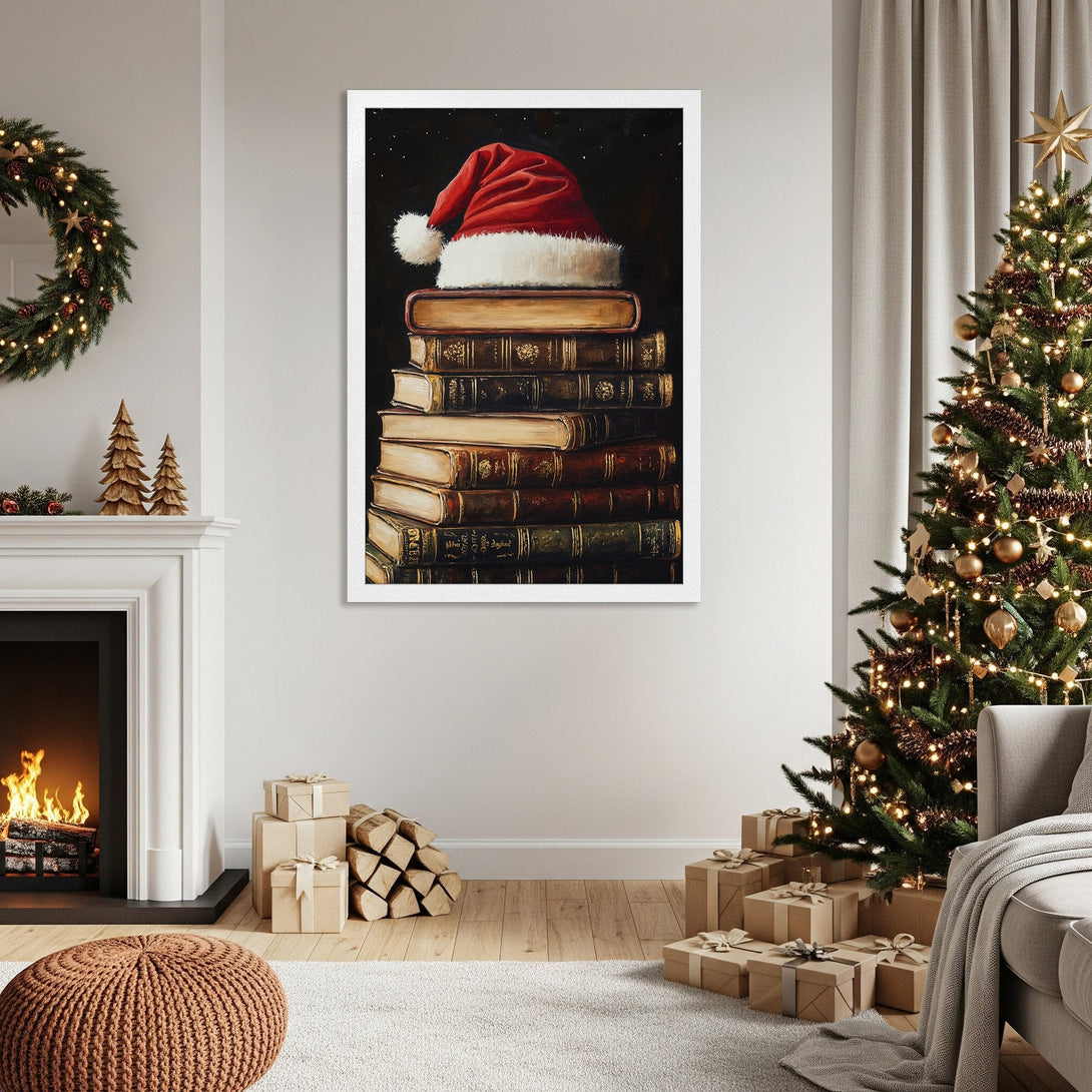 Framed Poster featuring a Santa hat on books, classic style, warm red & brown tones. Perfect Christmas decor!