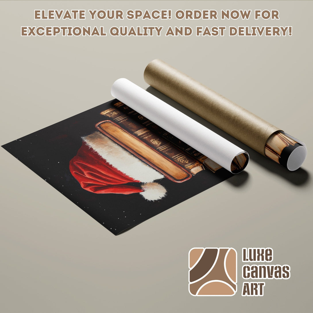 Poster Roll featuring a Santa hat and books, with a dark, warm color palette. Perfect for holiday decor!