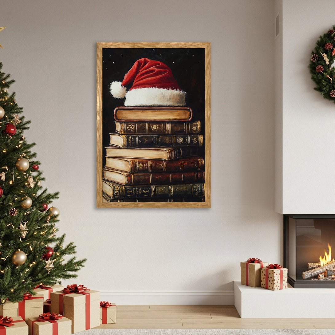 Framed Poster featuring a Santa hat on books, warm tones, and a cozy Christmas aesthetic. Perfect holiday decor!