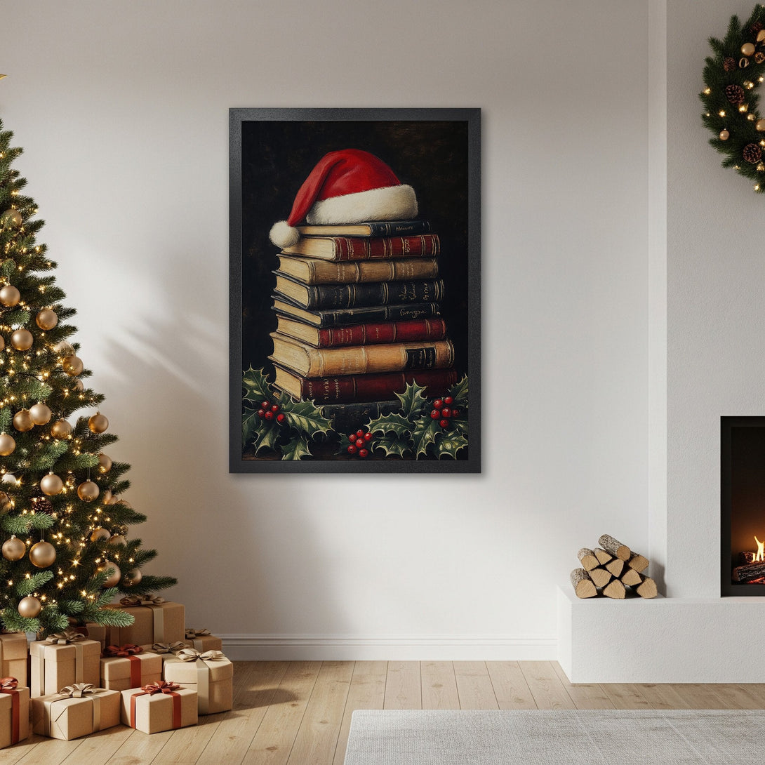 Framed Poster featuring a Santa hat on books, vintage style, warm red and brown tones, perfect for Christmas decor.