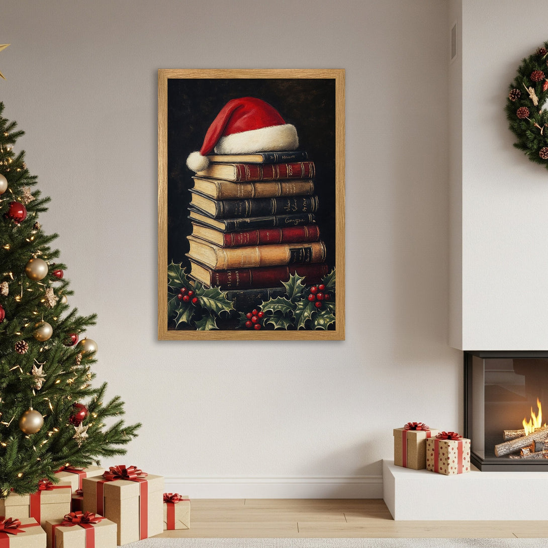 Framed Poster of Christmas books with a Santa hat, warm color palette, perfect holiday decor.