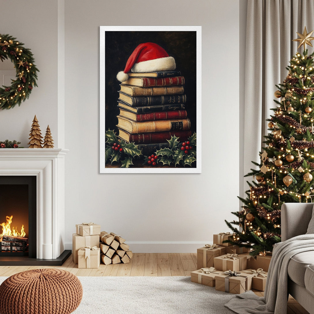 Framed Poster featuring a stack of books with a Santa hat, warm tones, perfect Christmas decor.