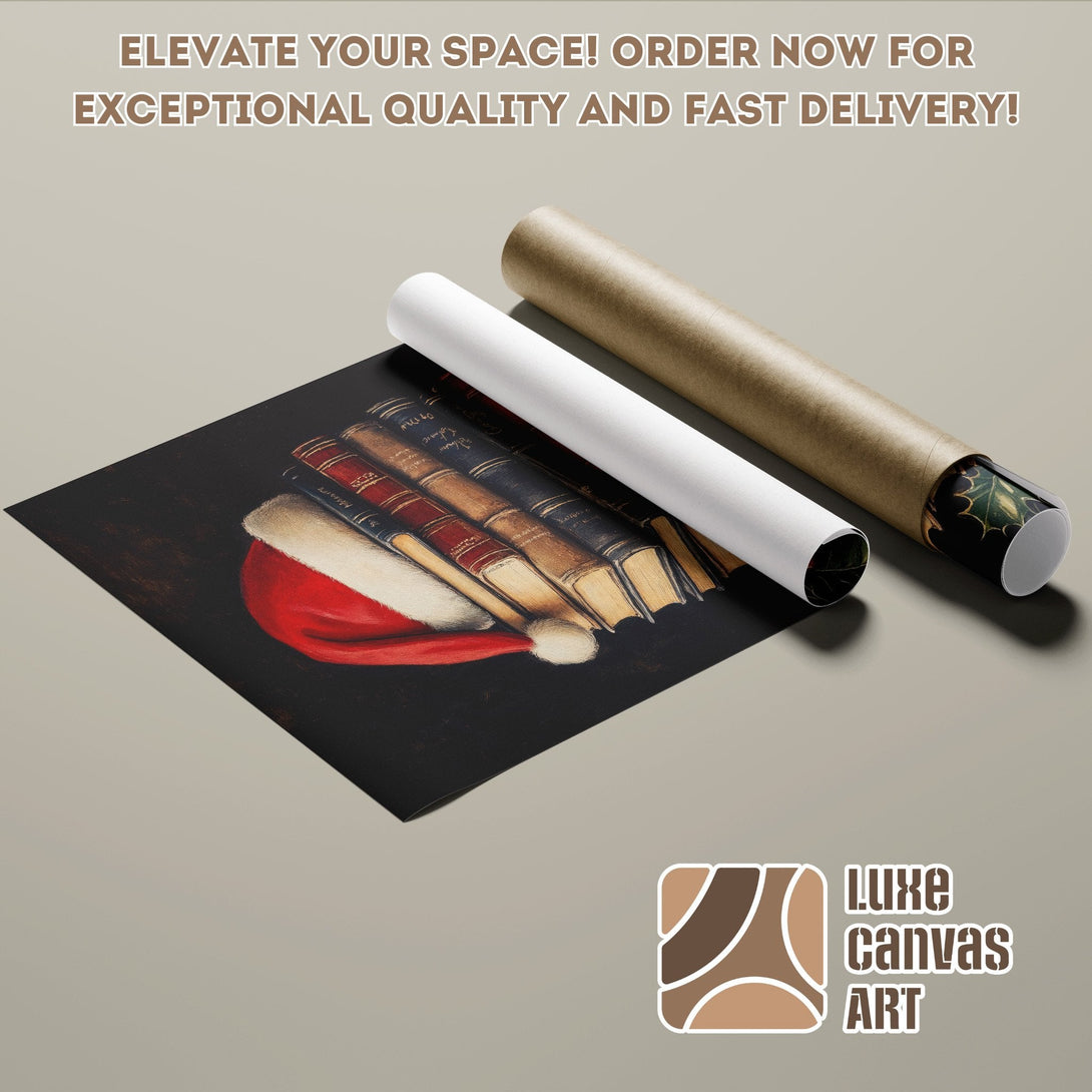 Poster Roll featuring a Santa hat and books, in a warm, vintage color palette. Elevate your space!