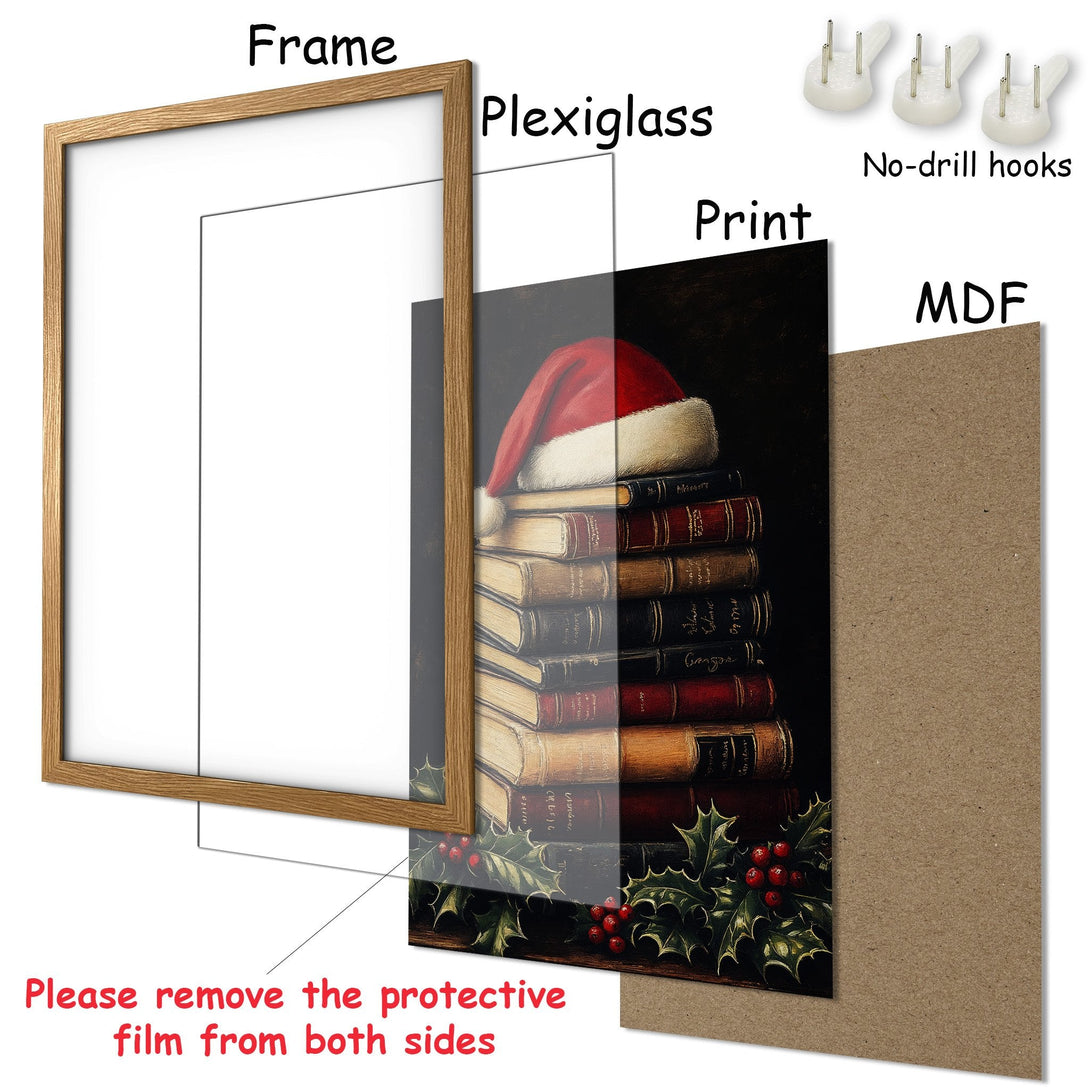 Framed Poster featuring a Santa hat on books, classic style, warm color palette. Perfect holiday decor!