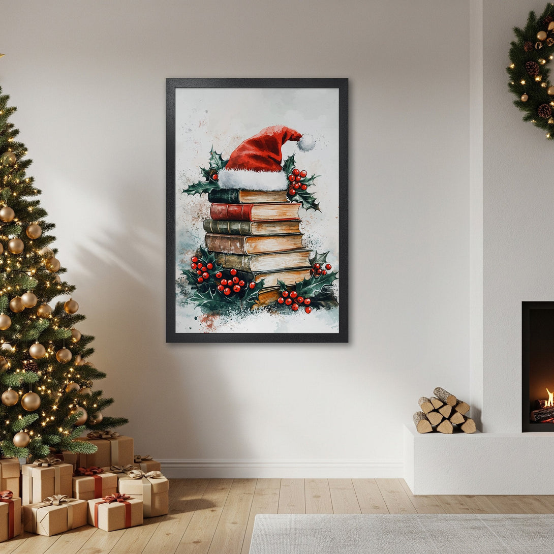 Framed Poster featuring a watercolor Christmas scene with books, Santa hat, and holly. Warm red, green, and neutral tones. Perfect holiday decor!