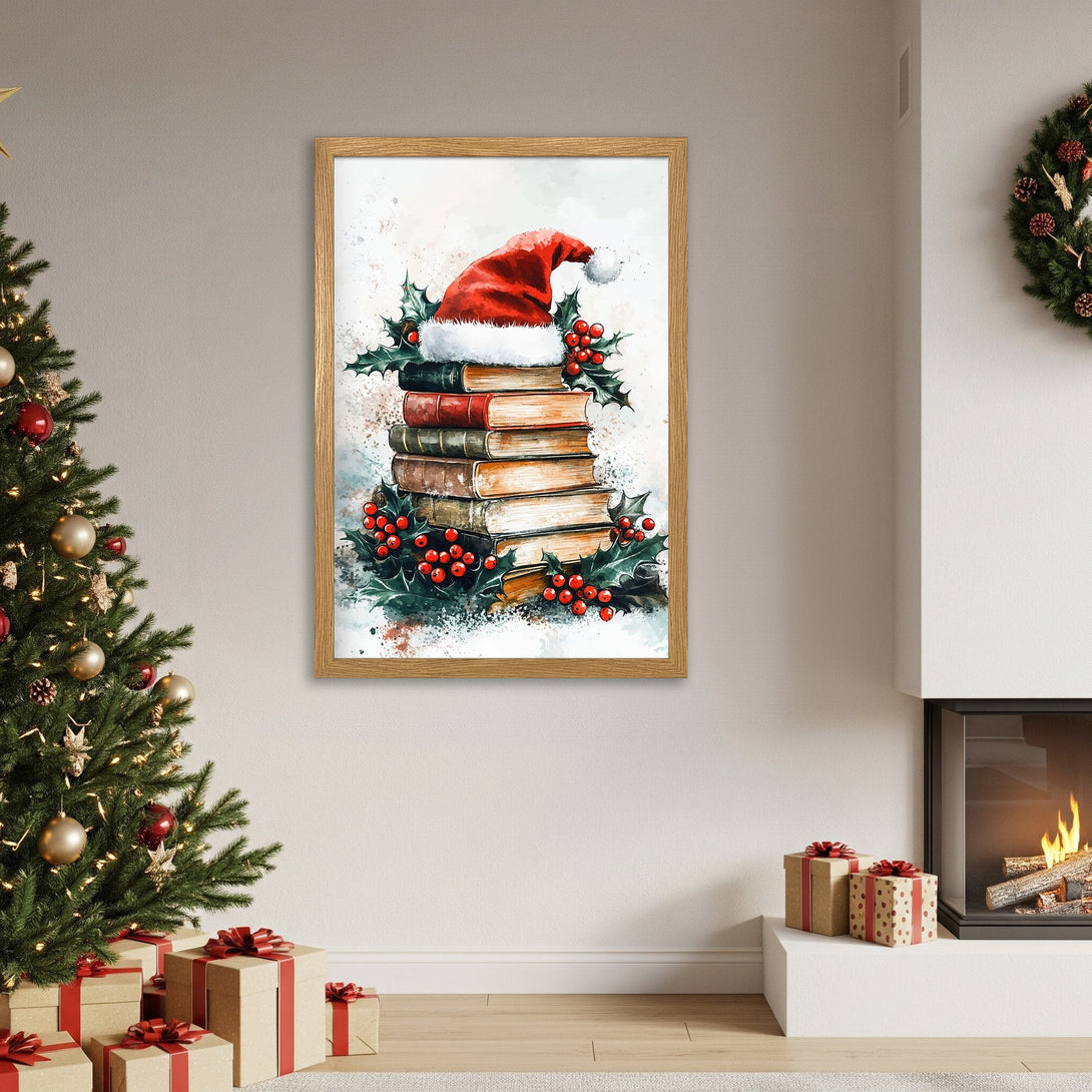Framed Poster featuring a Santa hat on books, watercolor style, festive red and green palette, perfect holiday decor.