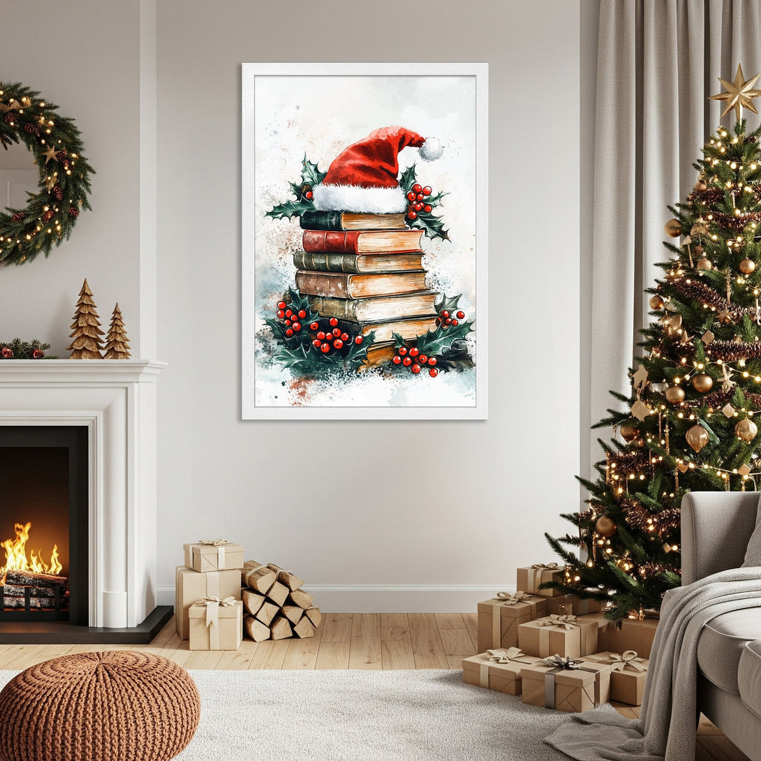 Framed Poster featuring a watercolor Christmas scene with a Santa hat, books, and holly. Warm, inviting color palette. Perfect holiday decor.