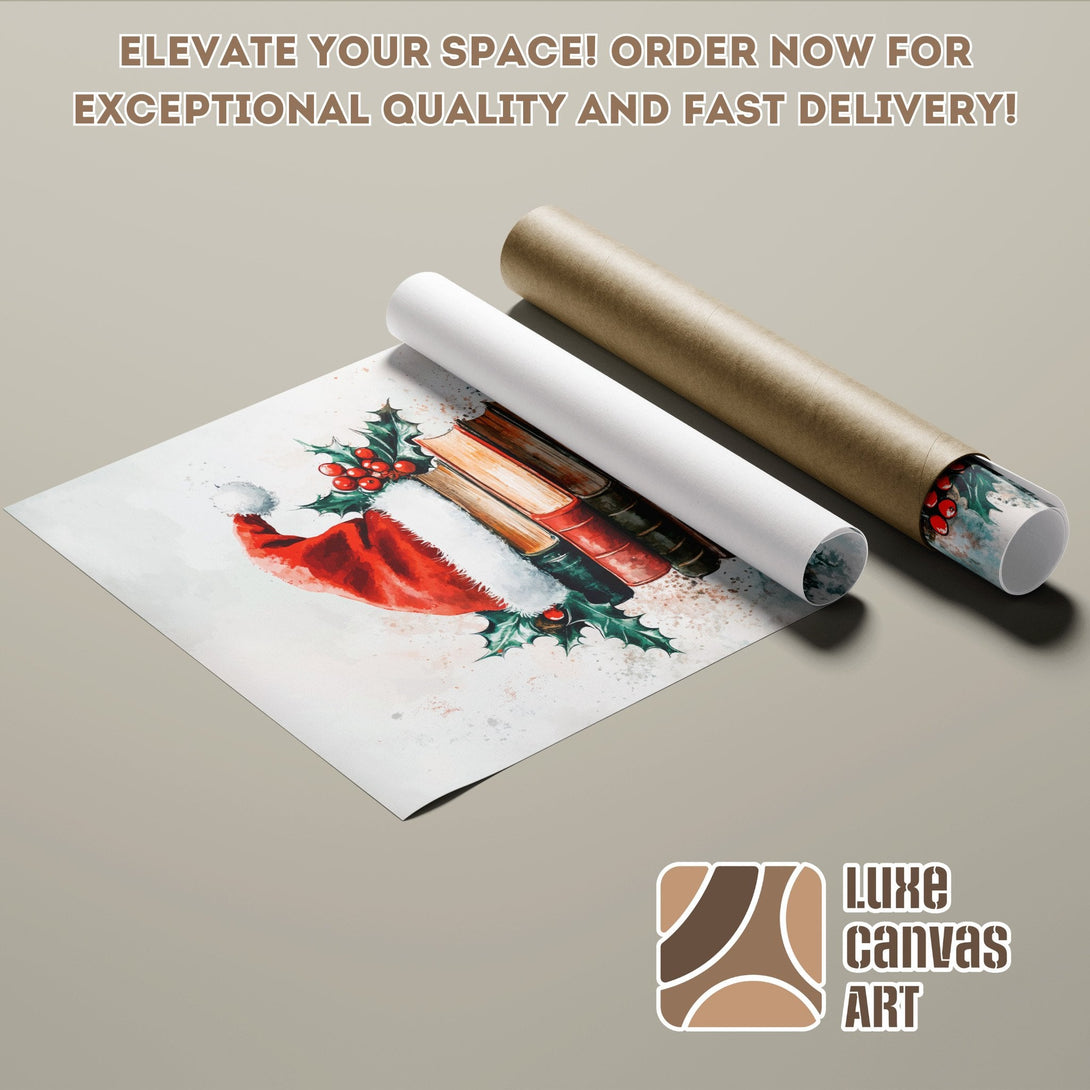 Poster Roll featuring a watercolor Santa hat and books, warm color palette, perfect for holiday decor.