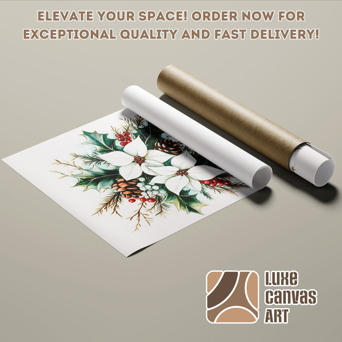 Watercolor floral Poster Roll, featuring poinsettias and pinecones. Earthy tones with pops of red and green.