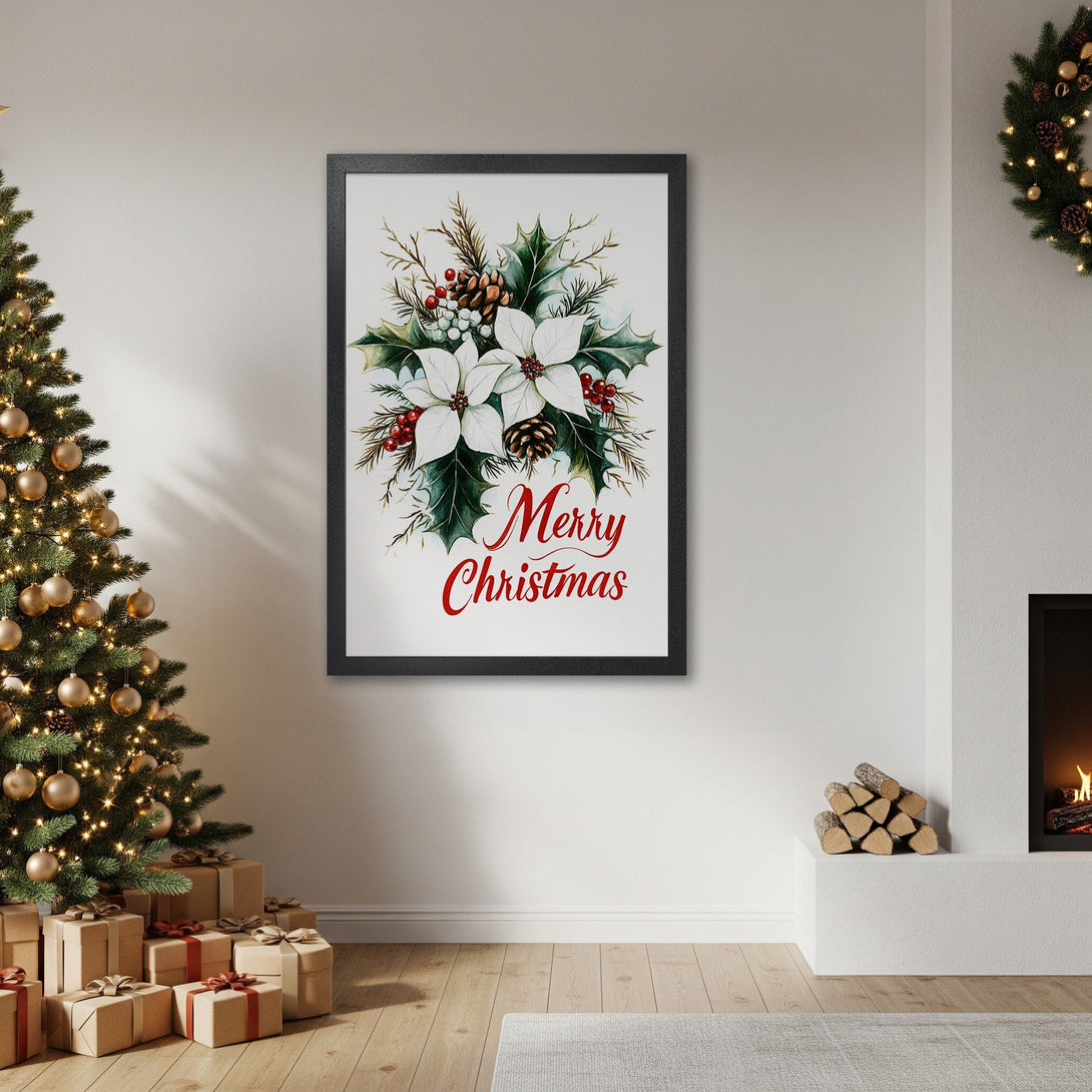 Framed Poster: Watercolor Christmas floral art in a black frame. Festive red, green, and white color palette. Perfect holiday decor!