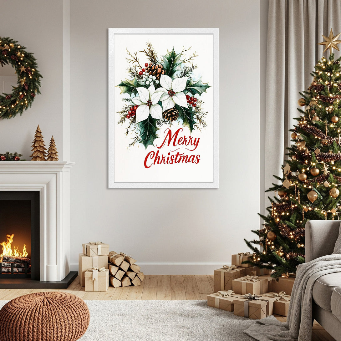 Framed Poster featuring a watercolor Christmas floral design with red accents. Perfect holiday decor, neutral color palette.