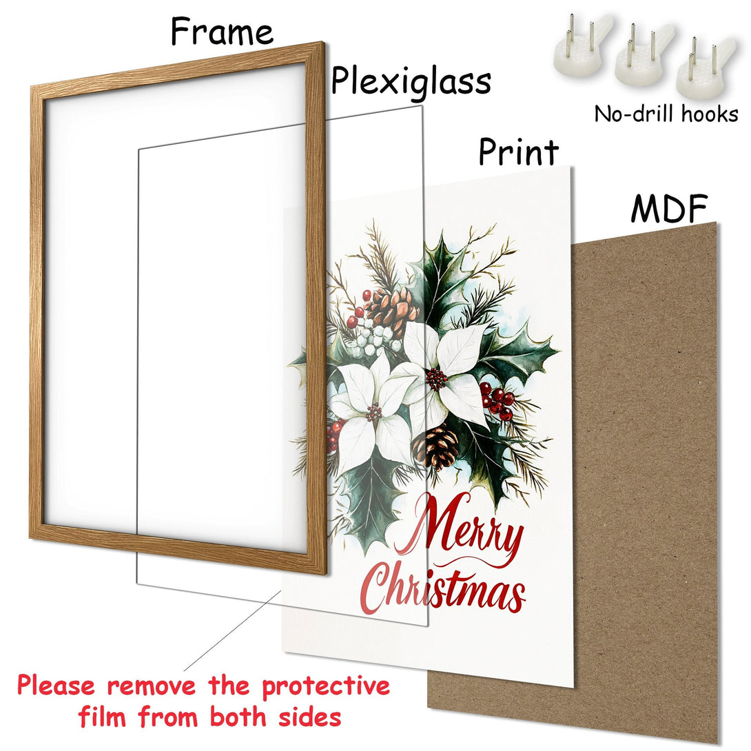 Framed Poster featuring a watercolor Christmas floral design. Festive style with green, red, and white color palette. Perfect holiday decor!