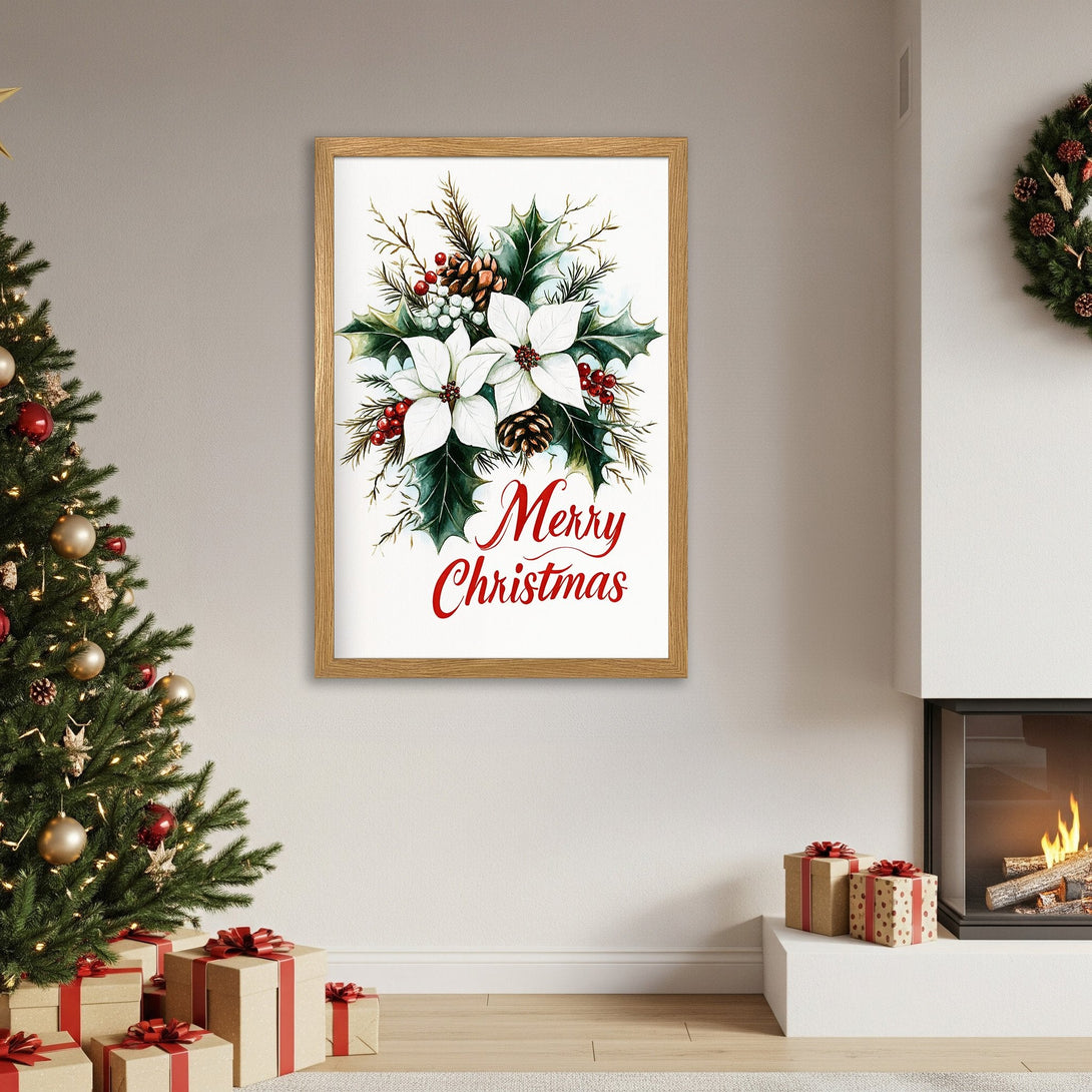 Framed Poster featuring a watercolor Christmas floral design in green, white, and red. Perfect holiday decor!